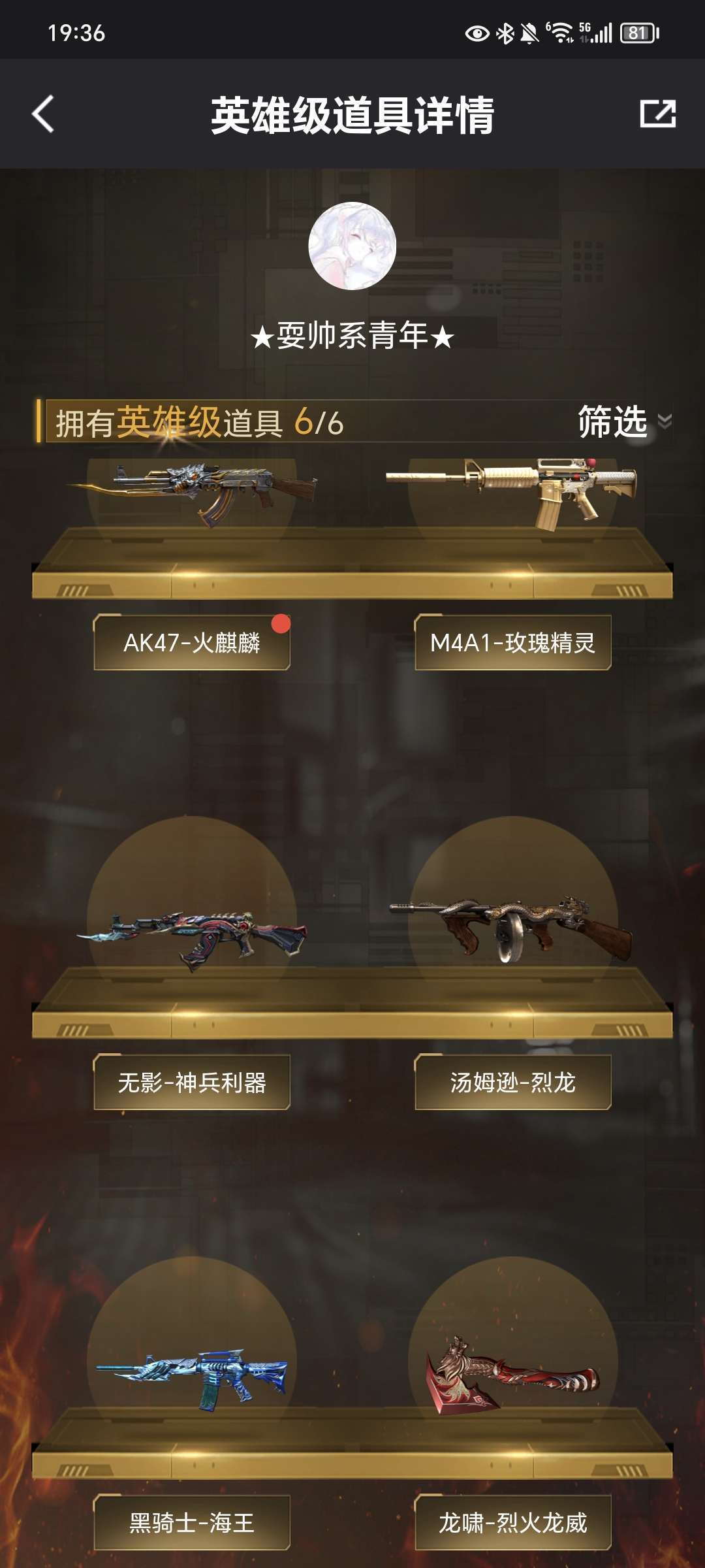 【英雄:6 】黑骑士-海王#AK47-火麒麟#堕天使#M4A1-玫瑰精灵#喜欢可收藏