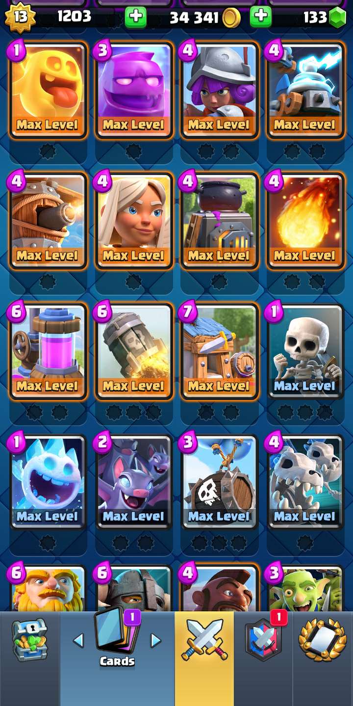 13级国王塔,满级卡46张,国王塔皮肤15个,皮肤卡有17张此皇室战争账号